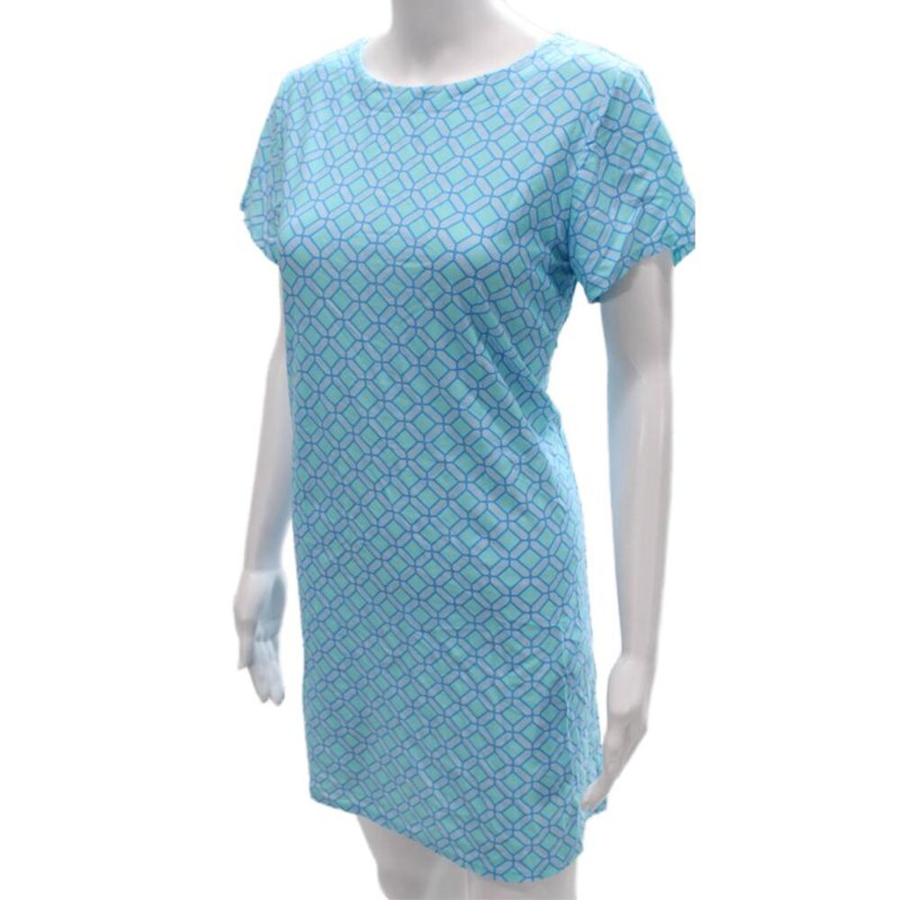 Jude Connally Women Shift Dress Blue Geometric Short Sleeve Size M - Picture 2 of 5